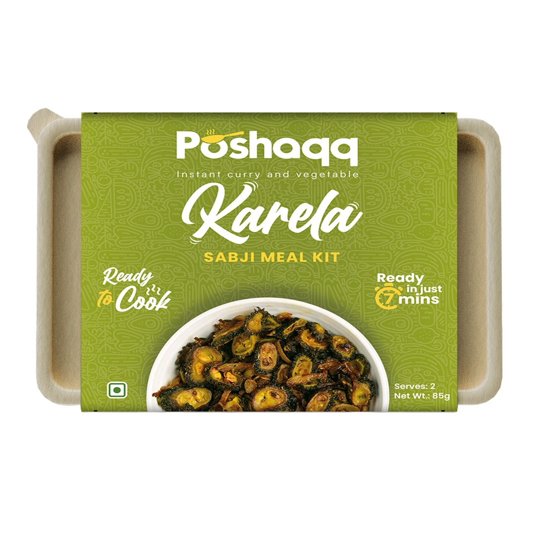 Poshaqq | Ready to Cook Karela with Spice Mix | Ready to Cook in 7 mins | No Preservatives | Easy to Cook karela with Masala Mix | After Cooking 300GMS | Sabji Meal Kit | 2 servings, 75gms