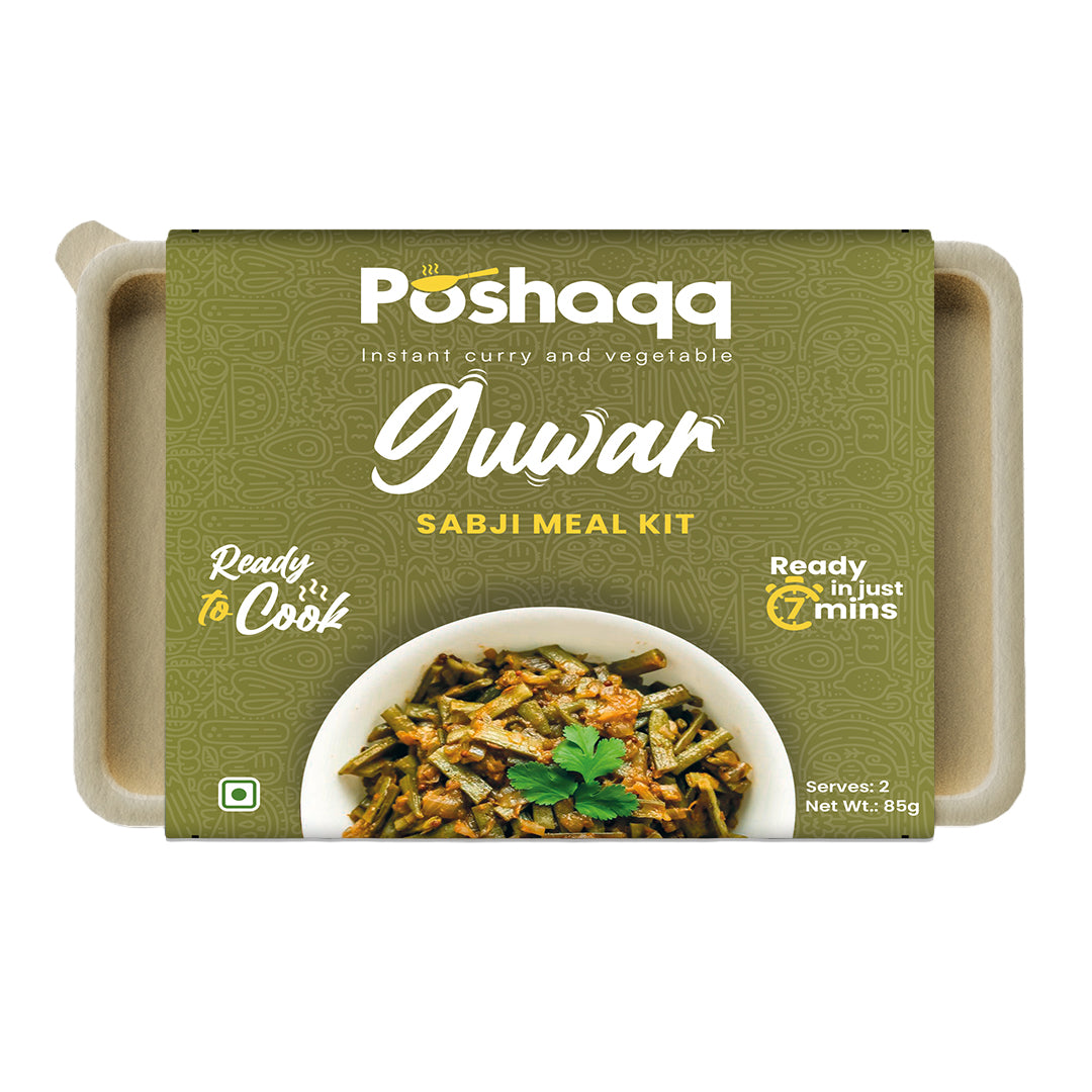 Poshaqq | Ready to Cook Guwar (Cluster Beans) | Gawar Meal Kit | Ready in 7 mins | No Preservatives | Sabji Mealkit | Perfect for Lunch, Dinner & Travel | 25 grams Gavar and 60 grams Masala (Pack of 1) | After Cooking 300GMS | 2 servings