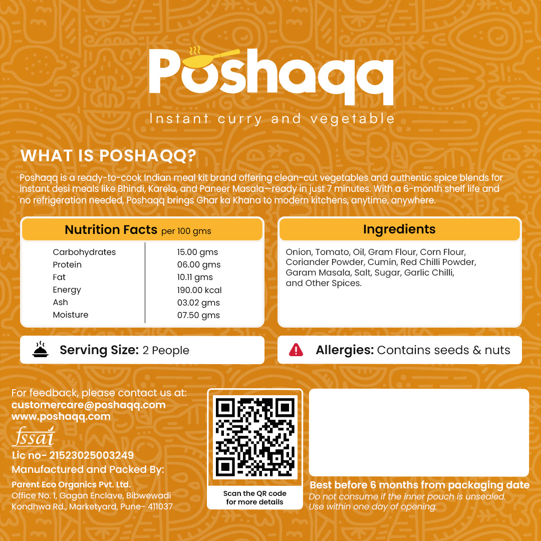 Poshaqq | Kaju Curry | Ready to Eat & Cook Meal Kit | After Cooking 350GM to Serve | Vegetarian Meal | Easy to Make Food | Just Add Milk and Cook | 2 Servings | 75 grams (Pack of 1)