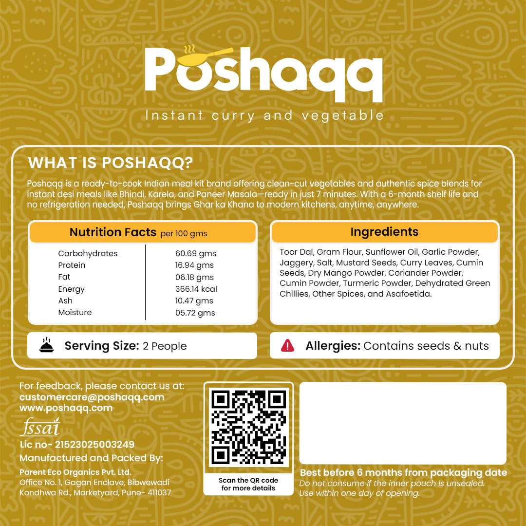 Poshaqq | Ready to Cook Dal Palak | Dal Palak Meal Kit | Ready in 7 mins | No Preservatives | Sabji Mealkit | Perfect for Lunch, Dinner & Travel | 25 grams Palak and 60 grams Masala (Pack of 1) | After Cooking 300GMS | 2 servings