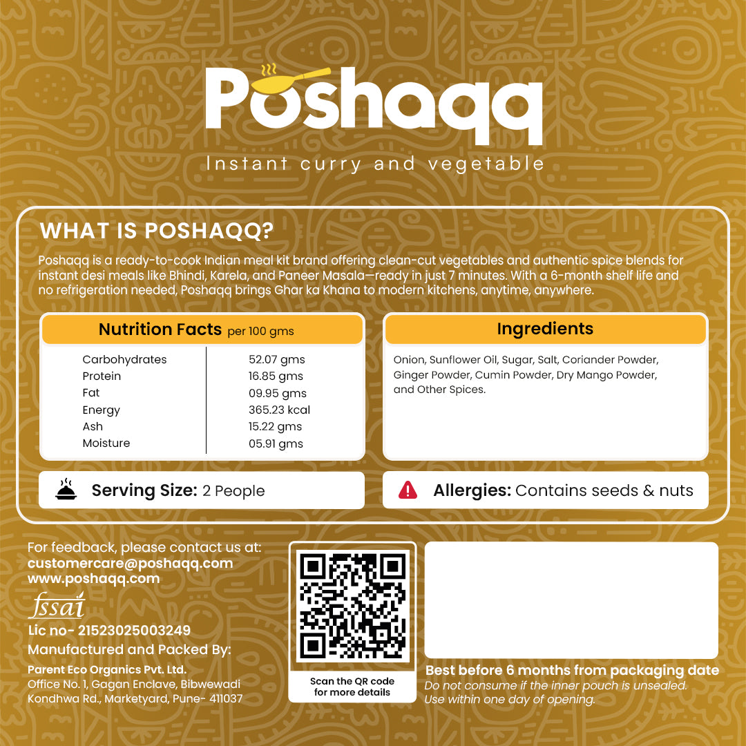 Poshaqq | Ready to Cook Methi Sabji Meal Kit | 2 Servings | Cooks in 7 Mins | No Preservatives | 25g Methi + 60g Masala | Net Wt. 85g (Pack of 1)