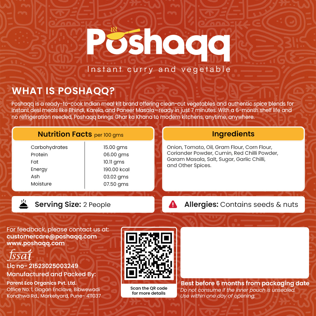 Poshaqq | Purani Dilli Chole Masala Curry Paste 75g | After Cooking 300GMS | Ready to Cook in 7 mins | Serves 2 | Just add Kabuli Chana | Made with Ghee | No Preservatives | Eat with Chawal, Puri, Bhature | Indian Masala Gravy