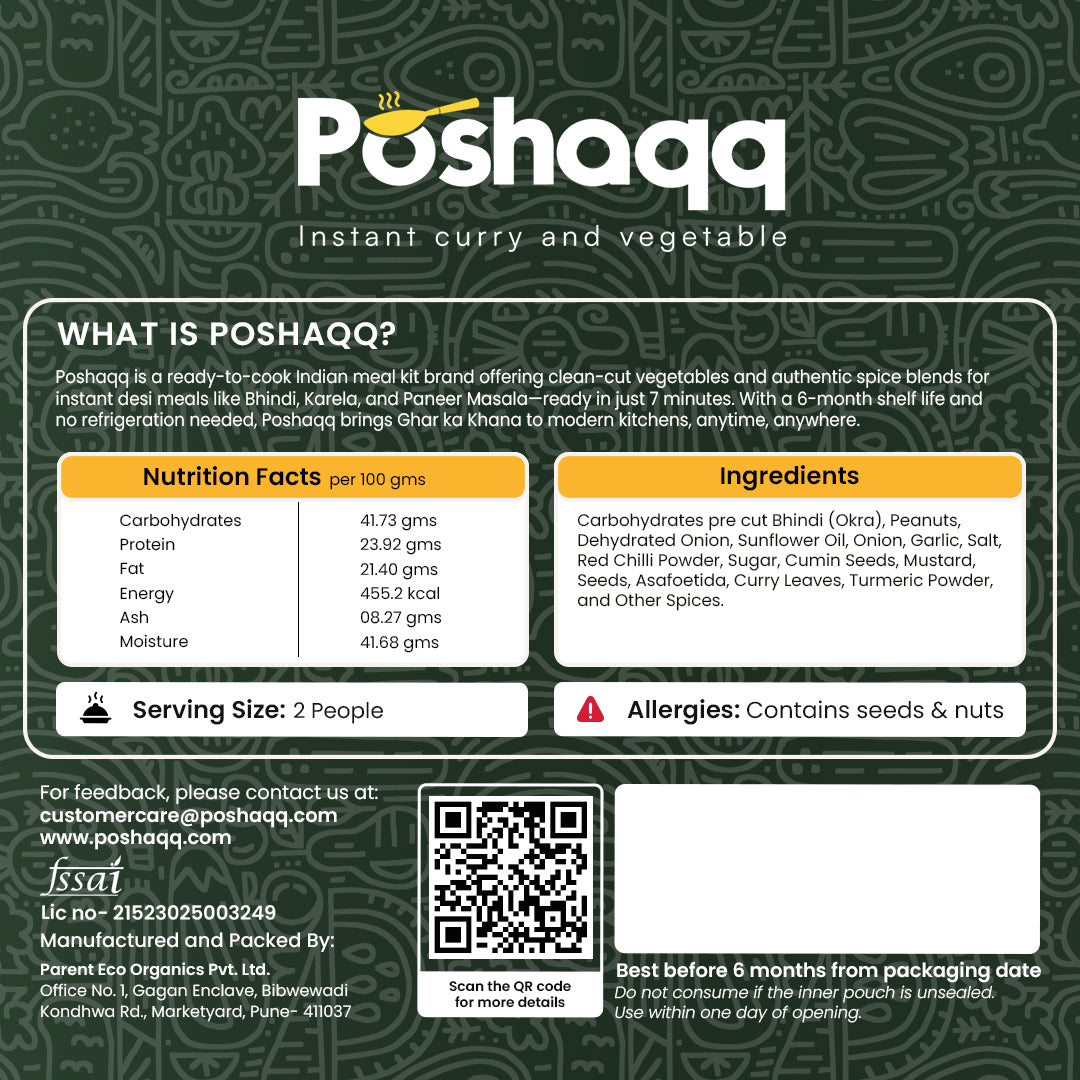 Poshaqq | Masala Bhindi Ready Mix | 100% Natural Masla Spice & Okra | Sabji Mealkit | Instant ready to cook Veg Bhaji | Ready to Eat or Cook | 25 grams Bhindi(Okra) and 60 grams Masala (Pack of 1) | After Cooking 300GMS | 2 servings