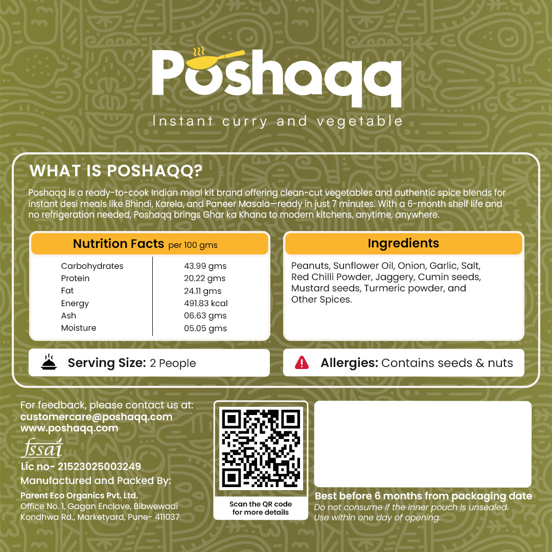 Poshaqq | Ready to Cook Guwar (Cluster Beans) | Gawar Meal Kit | Ready in 7 mins | No Preservatives | Sabji Mealkit | Perfect for Lunch, Dinner & Travel | 25 grams Gavar and 60 grams Masala (Pack of 1) | After Cooking 300GMS | 2 servings