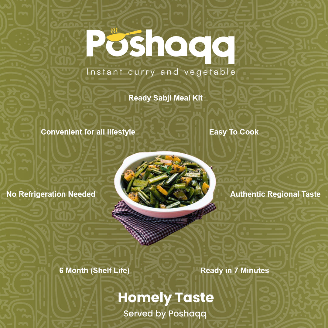 Poshaqq | Ready to Cook Guwar (Cluster Beans) | Gawar Meal Kit | Ready in 7 mins | No Preservatives | Sabji Mealkit | Perfect for Lunch, Dinner & Travel | 25 grams Gavar and 60 grams Masala (Pack of 1) | After Cooking 300GMS | 2 servings