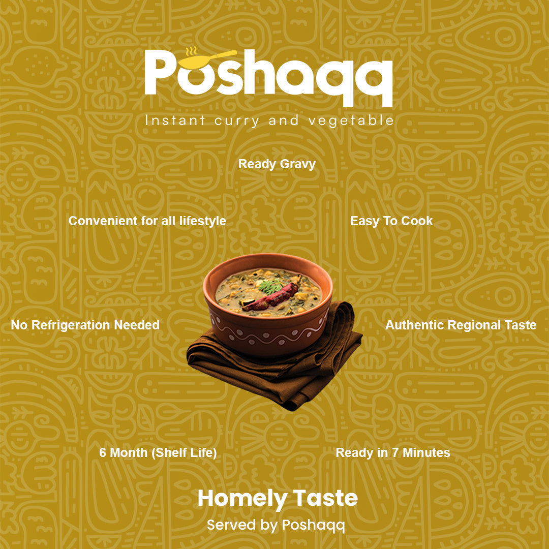 Poshaqq | Ready to Cook Dal Palak | Dal Palak Meal Kit | Ready in 7 mins | No Preservatives | Sabji Mealkit | Perfect for Lunch, Dinner & Travel | 25 grams Palak and 60 grams Masala (Pack of 1) | After Cooking 300GMS | 2 servings
