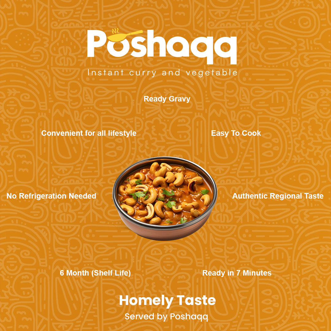 Poshaqq | Kaju Curry | Ready to Eat & Cook Meal Kit | After Cooking 350GM to Serve | Vegetarian Meal | Easy to Make Food | Just Add Milk and Cook | 2 Servings | 75 grams (Pack of 1)