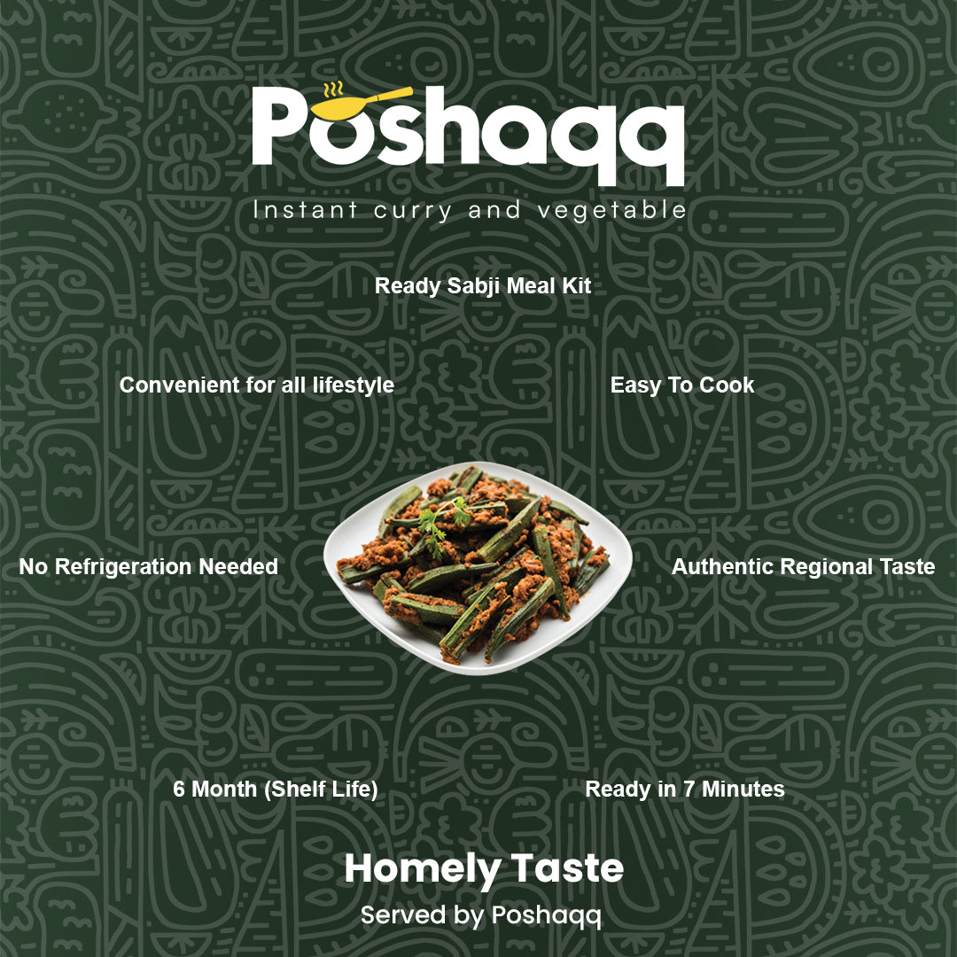 Poshaqq | Masala Bhindi Ready Mix | 100% Natural Masla Spice & Okra | Sabji Mealkit | Instant ready to cook Veg Bhaji | Ready to Eat or Cook | 25 grams Bhindi(Okra) and 60 grams Masala (Pack of 1) | After Cooking 300GMS | 2 servings