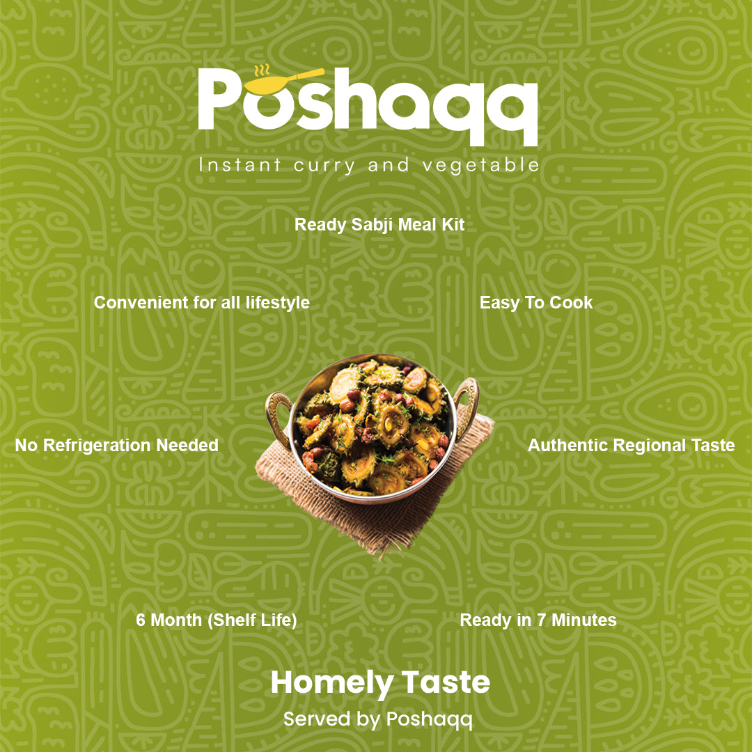 Poshaqq | Ready to Cook Karela with Spice Mix | Ready to Cook in 7 mins | No Preservatives | Easy to Cook karela with Masala Mix | After Cooking 300GMS | Sabji Meal Kit | 2 servings, 75gms