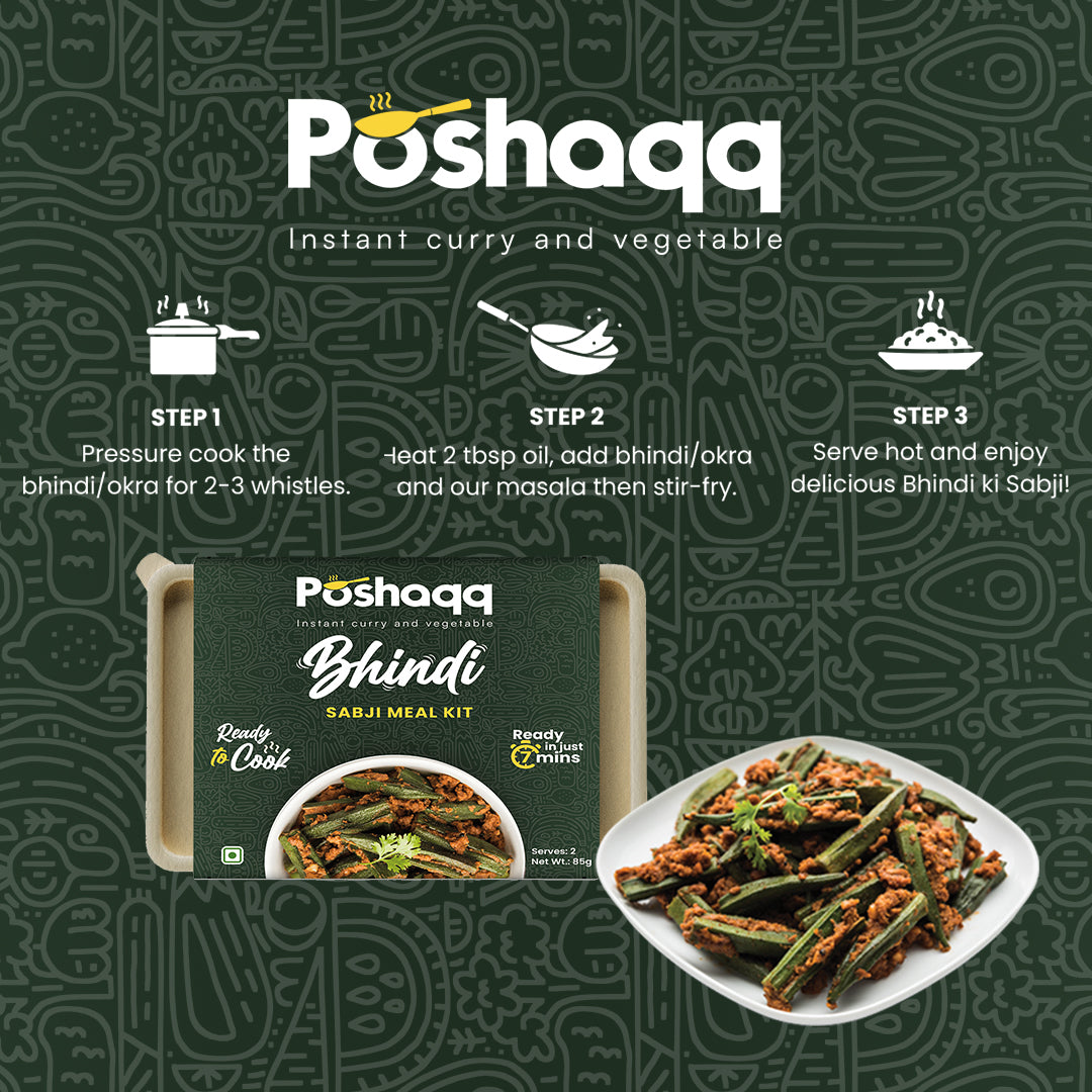 Poshaqq | Masala Bhindi Ready Mix | 100% Natural Masla Spice & Okra | Sabji Mealkit | Instant ready to cook Veg Bhaji | Ready to Eat or Cook | 25 grams Bhindi(Okra) and 60 grams Masala (Pack of 1) | After Cooking 300GMS | 2 servings