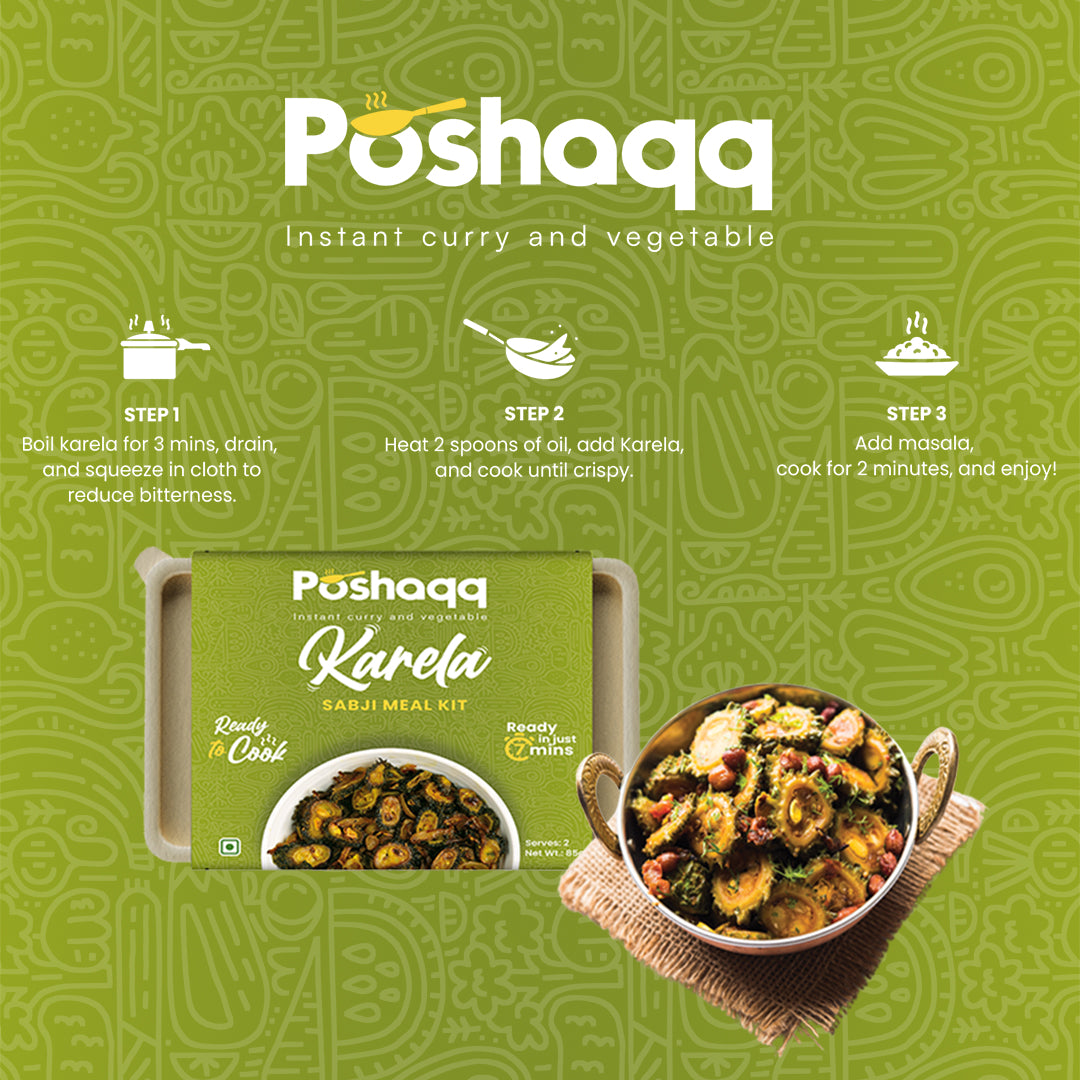 Poshaqq | Ready to Cook Karela with Spice Mix | Ready to Cook in 7 mins | No Preservatives | Easy to Cook karela with Masala Mix | After Cooking 300GMS | Sabji Meal Kit | 2 servings, 75gms
