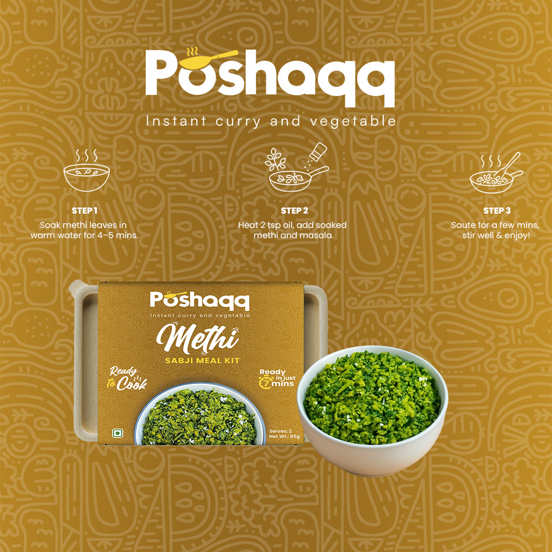 Poshaqq | Ready to Cook Methi Sabji Meal Kit | 2 Servings | Cooks in 7 Mins | No Preservatives | 25g Methi + 60g Masala | Net Wt. 85g (Pack of 1)