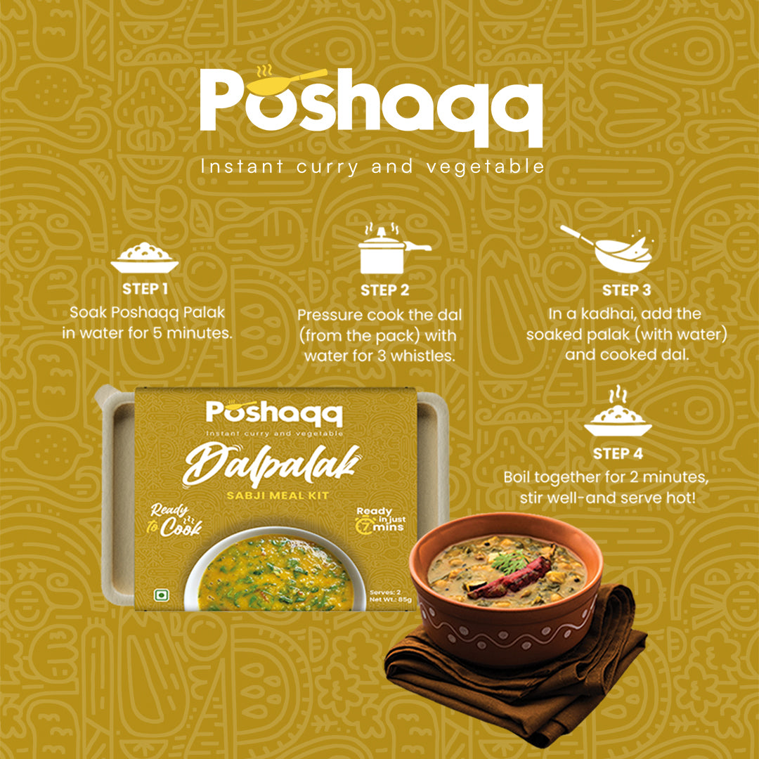 Poshaqq | Ready to Cook Dal Palak | Dal Palak Meal Kit | Ready in 7 mins | No Preservatives | Sabji Mealkit | Perfect for Lunch, Dinner & Travel | 25 grams Palak and 60 grams Masala (Pack of 1) | After Cooking 300GMS | 2 servings