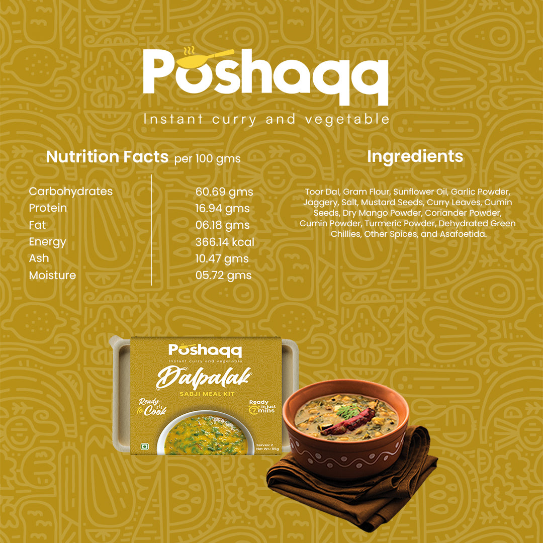 Poshaqq | Ready to Cook Dal Palak | Dal Palak Meal Kit | Ready in 7 mins | No Preservatives | Sabji Mealkit | Perfect for Lunch, Dinner & Travel | 25 grams Palak and 60 grams Masala (Pack of 1) | After Cooking 300GMS | 2 servings