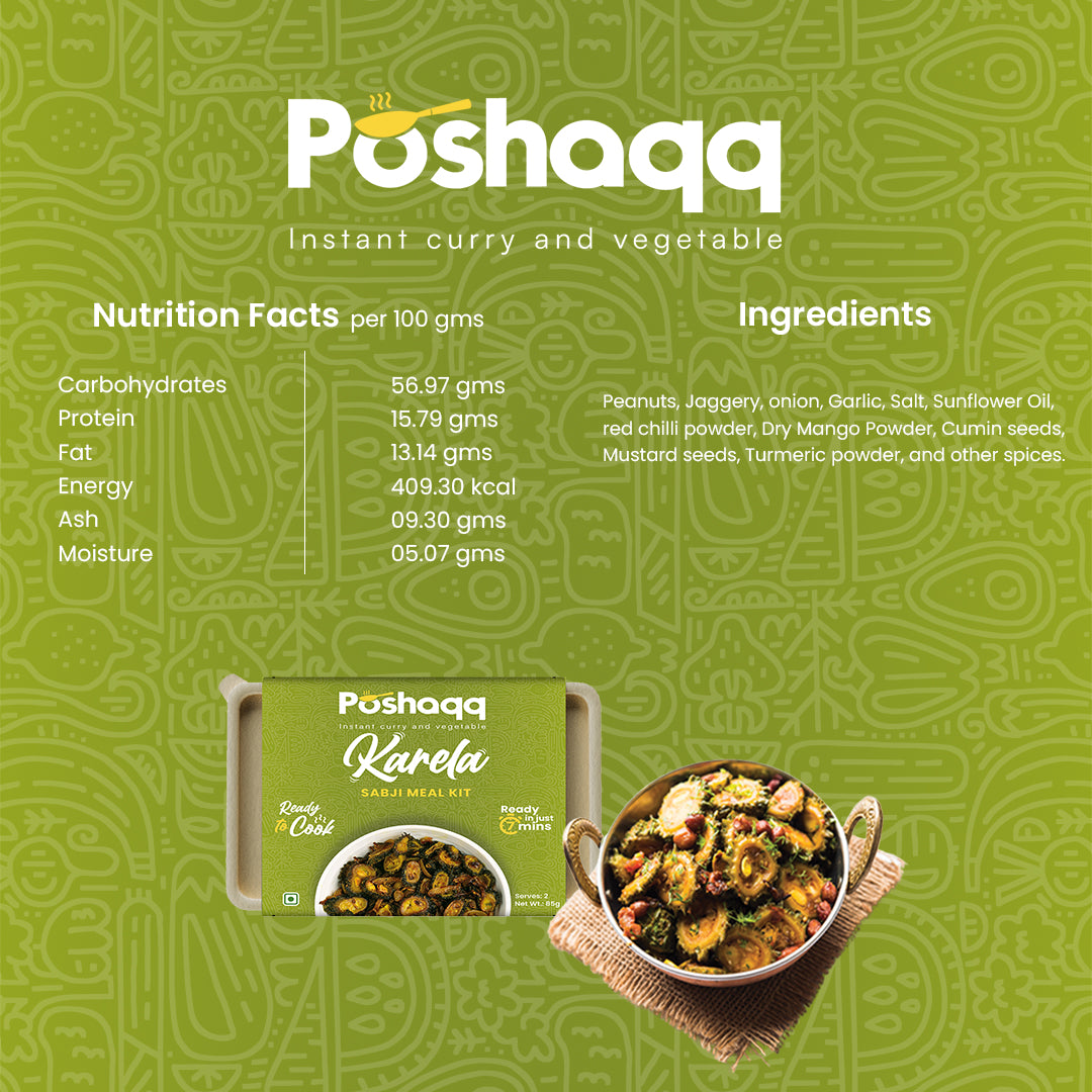 Poshaqq | Ready to Cook Karela with Spice Mix | Ready to Cook in 7 mins | No Preservatives | Easy to Cook karela with Masala Mix | After Cooking 300GMS | Sabji Meal Kit | 2 servings, 75gms