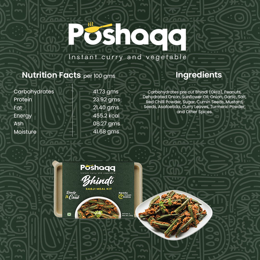 Poshaqq | Masala Bhindi Ready Mix | 100% Natural Masla Spice & Okra | Sabji Mealkit | Instant ready to cook Veg Bhaji | Ready to Eat or Cook | 25 grams Bhindi(Okra) and 60 grams Masala (Pack of 1) | After Cooking 300GMS | 2 servings