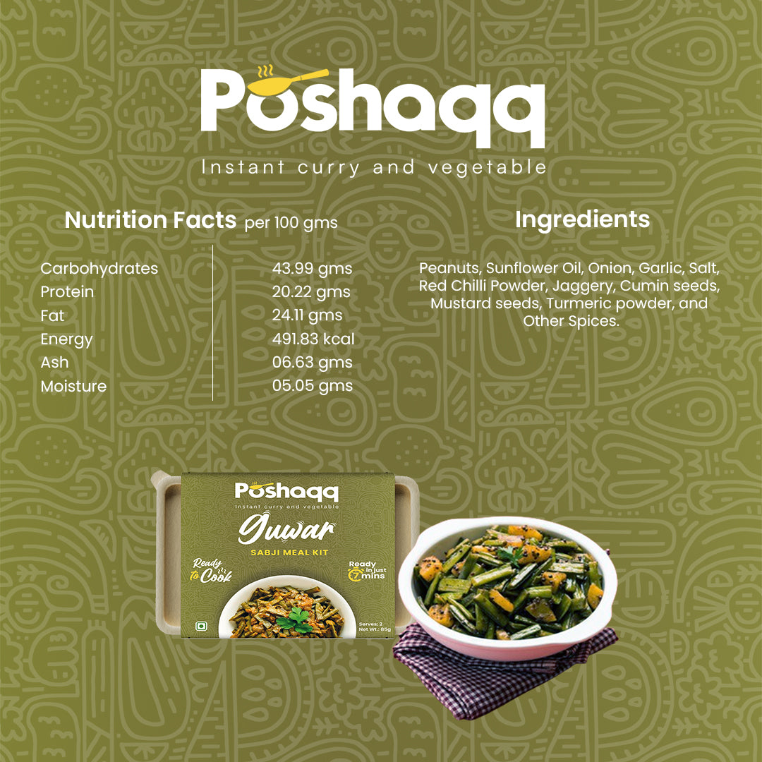 Poshaqq | Ready to Cook Guwar (Cluster Beans) | Gawar Meal Kit | Ready in 7 mins | No Preservatives | Sabji Mealkit | Perfect for Lunch, Dinner & Travel | 25 grams Gavar and 60 grams Masala (Pack of 1) | After Cooking 300GMS | 2 servings