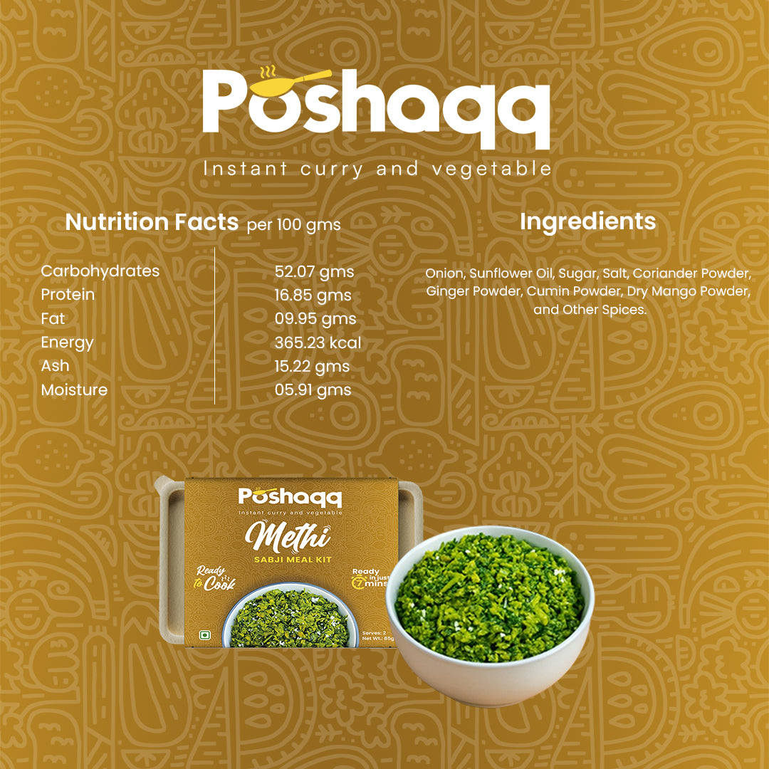 Poshaqq | Ready to Cook Methi Sabji Meal Kit | 2 Servings | Cooks in 7 Mins | No Preservatives | 25g Methi + 60g Masala | Net Wt. 85g (Pack of 1)