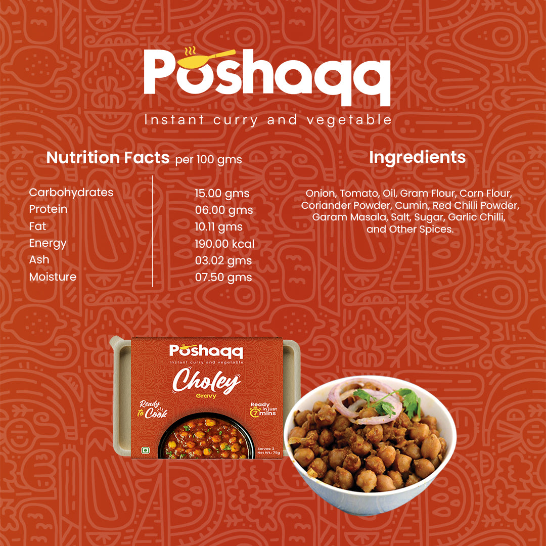 Poshaqq | Purani Dilli Chole Masala Curry Paste 75g | After Cooking 300GMS | Ready to Cook in 7 mins | Serves 2 | Just add Kabuli Chana | Made with Ghee | No Preservatives | Eat with Chawal, Puri, Bhature | Indian Masala Gravy