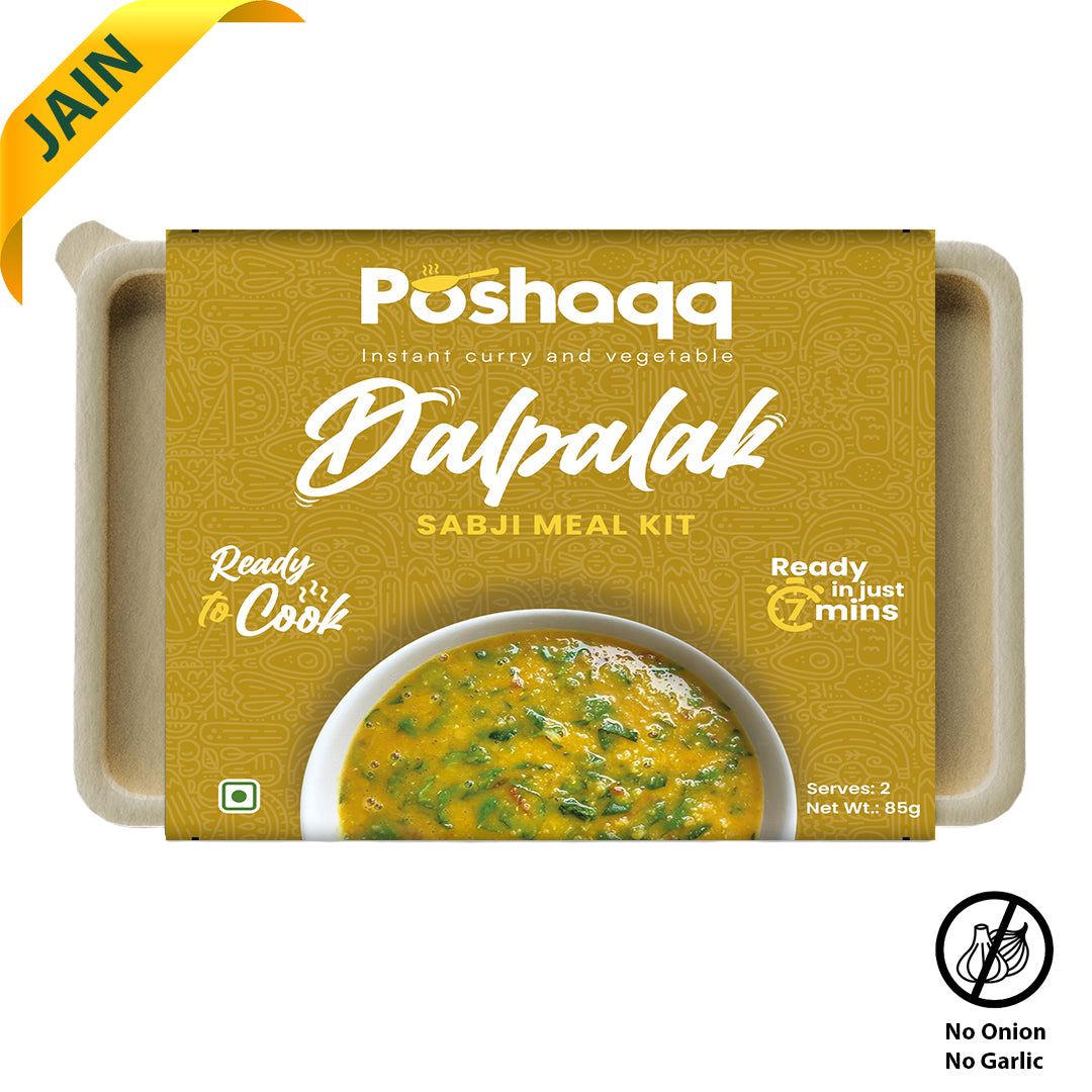 Poshaqq JAIN | Ready to Cook Dal Palak | Dal Palak Meal Kit | Ready in 7 mins | No Preservatives | Sabji Mealkit | Perfect for Lunch, Dinner & Travel | 25 grams Palak and 60 grams Masala (Pack of 1) | After Cooking 300GMS | 2 servings