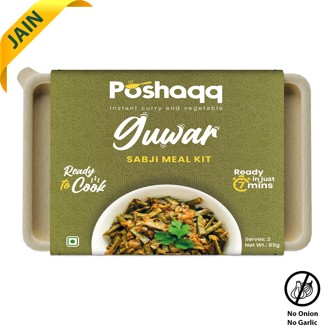 Poshaqq JAIN| Ready to Cook Guwar (Cluster Beans) | Gawar Meal Kit | Ready in 7 mins | No Preservatives | Sabji Mealkit | Perfect for Lunch, Dinner & Travel | 25 grams Gavar and 60 grams Masala (Pack of 1) | After Cooking 300GMS | 2 servings
