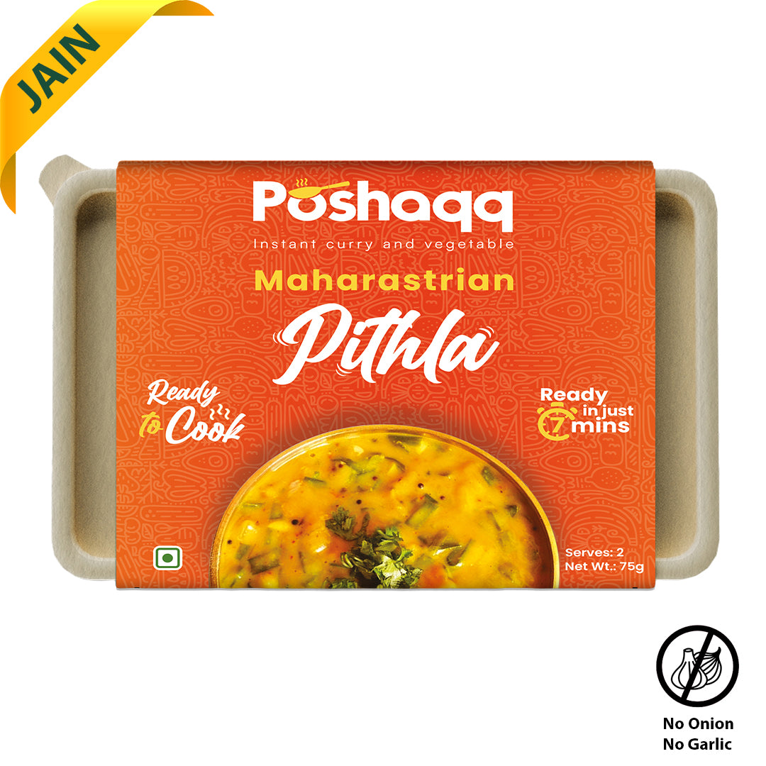 Poshaqq JAIN | Ready to Cook Traditional Maharashtrian Pithla | Made with Besan | Ready to eat pithla Mix | No Preservatives | Sabji Mealkit | Perfect for Lunch, Dinner & Travel | 2 servings,75 grams (Pack of 1)