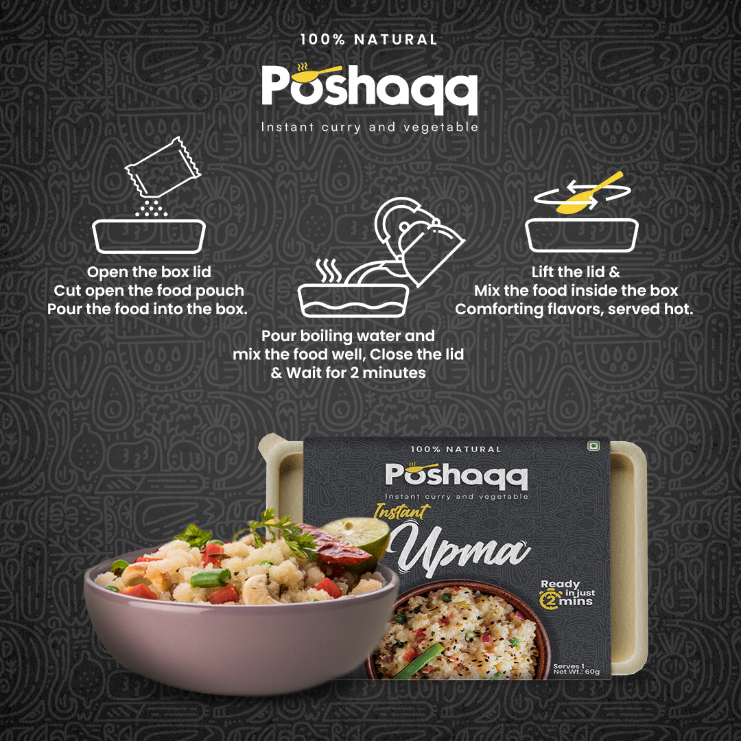Poshaqq ready upma – minimal prep, ready in 3 minutes, no kitchen mess
