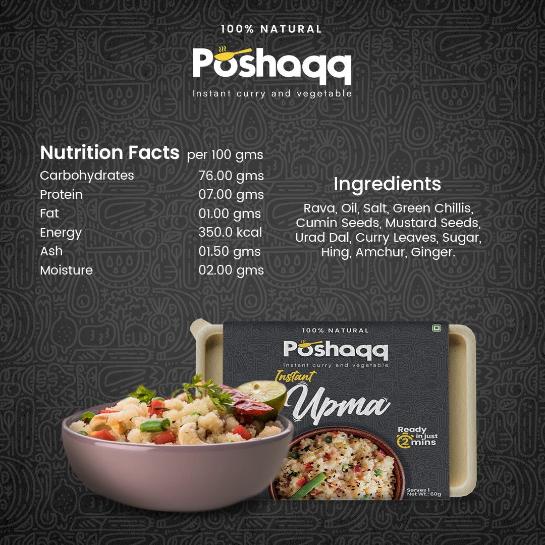 Poshaqq ready upma – minimal prep, ready in 3 minutes, no kitchen mess