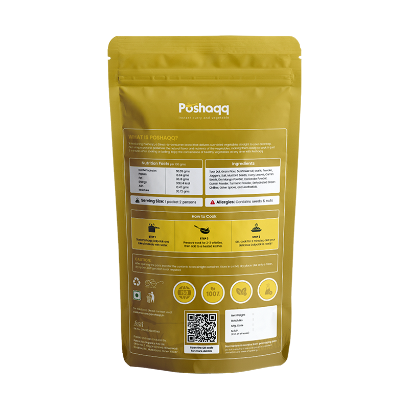 Poshaqq JAIN | Ready to Cook Dal Palak | Dal Palak Meal Kit | Ready in 7 mins | No Preservatives | Sabji Mealkit | Perfect for Lunch, Dinner & Travel | 25 grams Palak and 60 grams Masala (Pack of 1) | After Cooking 300GMS | 2 servings