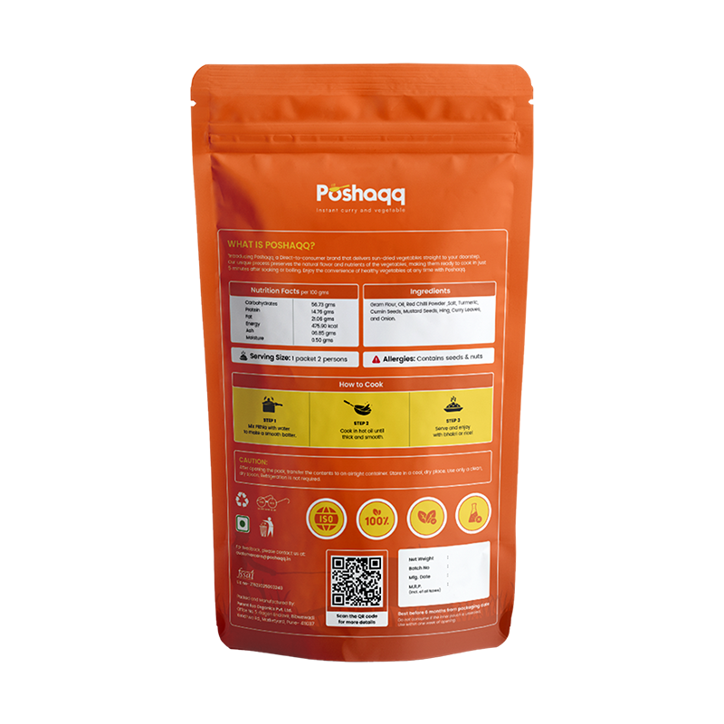 Poshaqq JAIN | Ready to Cook Traditional Maharashtrian Pithla | Made with Besan | Ready to eat pithla Mix | No Preservatives | Sabji Mealkit | Perfect for Lunch, Dinner & Travel | 2 servings,75 grams (Pack of 1)