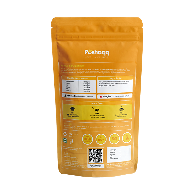 Poshaqq JAIN| Ready to Eat Poha – Instant Breakfast Meal with Flattened Rice, Veggies & Spices | Healthy, Tasty & High-Fiber Snack | No Preservatives | Travel-Friendly & Quick Cooking Indian Food (75 Gram (Pack of 1))