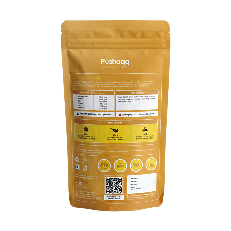 Poshaqq JAIN| Ready to Eat Upma – Instant South Indian Breakfast with Semolina (Rava), Veggies & Spices | Healthy, High-Fiber, No Preservatives | Quick Cooking, Travel-Friendly Indian Snack (60 (Gram) Pack of 1)