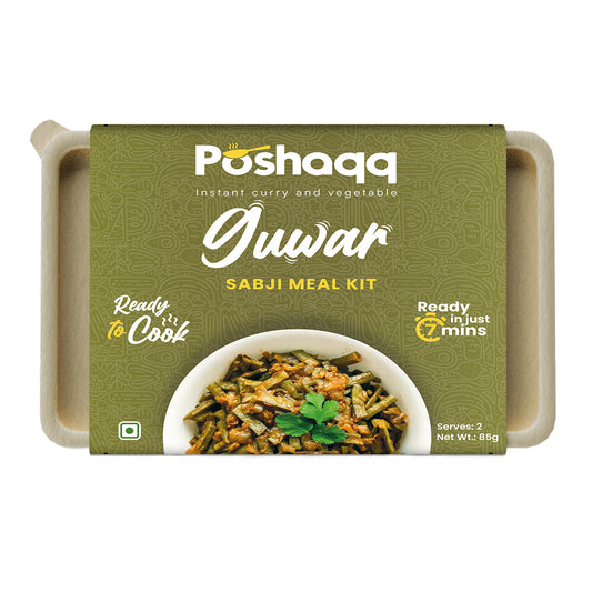 Poshaqq | Ready to Cook Guwar (Cluster Beans) | Gawar Meal Kit | Ready in 7 mins | No Preservatives | Sabji Mealkit | Perfect for Lunch, Dinner & Travel | 25 grams Gavar and 60 grams Masala (Pack of 1) | After Cooking 300GMS | 2 servings