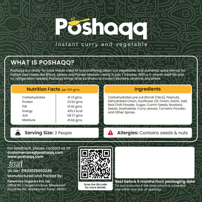 Poshaqq | Masala Bhindi Ready Mix | 100% Natural Masla Spice & Okra | Sabji Mealkit | Instant ready to cook Veg Bhaji | Ready to Eat or Cook | 25 grams Bhindi(Okra) and 60 grams Masala (Pack of 1) | After Cooking 300GMS | 2 servings