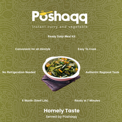 Poshaqq | Ready to Cook Guwar (Cluster Beans) | Gawar Meal Kit | Ready in 7 mins | No Preservatives | Sabji Mealkit | Perfect for Lunch, Dinner & Travel | 25 grams Gavar and 60 grams Masala (Pack of 1) | After Cooking 300GMS | 2 servings