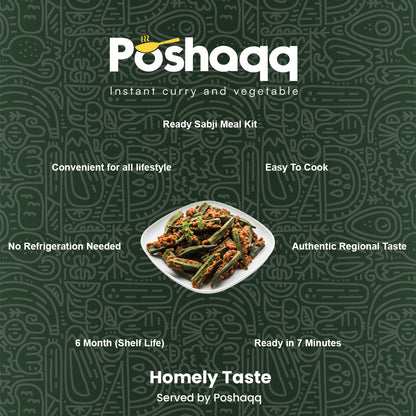 Poshaqq | Masala Bhindi Ready Mix | 100% Natural Masla Spice & Okra | Sabji Mealkit | Instant ready to cook Veg Bhaji | Ready to Eat or Cook | 25 grams Bhindi(Okra) and 60 grams Masala (Pack of 1) | After Cooking 300GMS | 2 servings