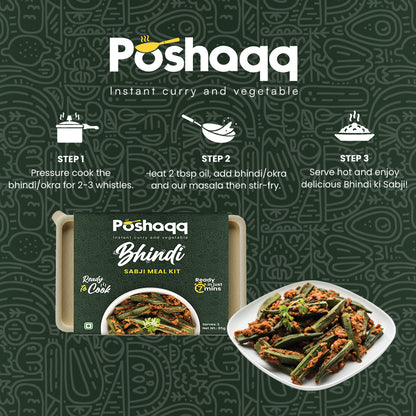 Poshaqq | Masala Bhindi Ready Mix | 100% Natural Masla Spice & Okra | Sabji Mealkit | Instant ready to cook Veg Bhaji | Ready to Eat or Cook | 25 grams Bhindi(Okra) and 60 grams Masala (Pack of 1) | After Cooking 300GMS | 2 servings
