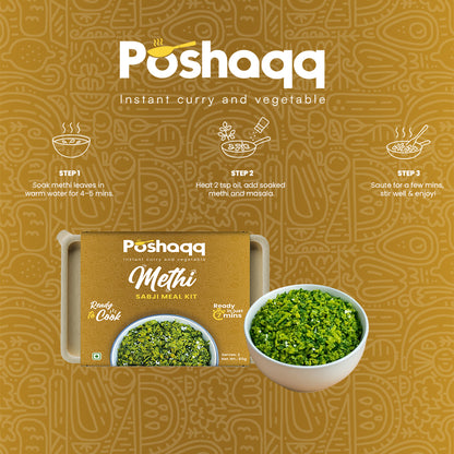 Poshaqq | Ready to Cook Methi Sabji Meal Kit | 2 Servings | Cooks in 7 Mins | No Preservatives | 25g Methi + 60g Masala | Net Wt. 85g (Pack of 1)