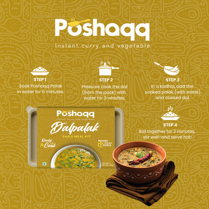 Poshaqq | Ready to Cook Dal Palak | Dal Palak Meal Kit | Ready in 7 mins | No Preservatives | Sabji Mealkit | Perfect for Lunch, Dinner & Travel | 25 grams Palak and 60 grams Masala (Pack of 1) | After Cooking 300GMS | 2 servings