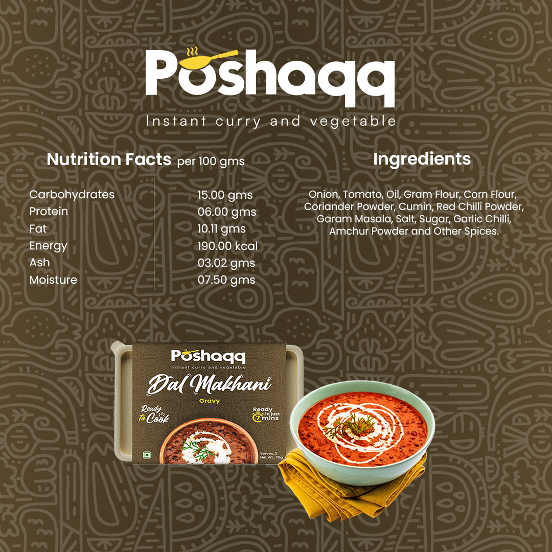 Poshaqq | Dhaba Style Creamy Dal Makhani Ready to Cook | Ready in 7 mins | Traditional Dal Makhani | No Preservatives or No Artificial Colors | Serves 2 | 75 grams (Pack of 1)