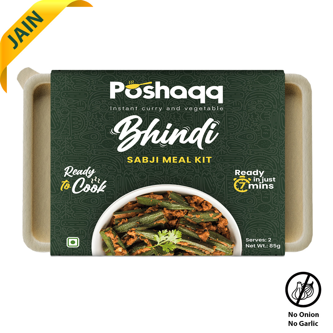 Poshaqq JAIN| Masala Bhindi Ready Mix | 100% Natural Masla Spice & Okra | Sabji Mealkit | Instant ready to cook Veg Bhaji | Ready to Eat or Cook | 25 grams Bhindi(Okra) and 60 grams Masala (Pack of 1) | After Cooking 300GMS | 2 servings