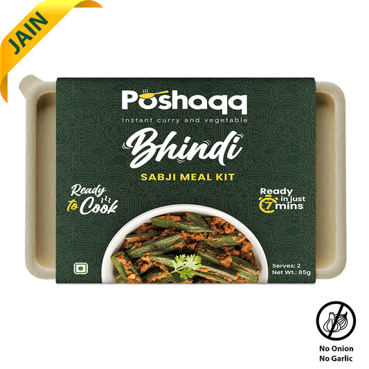 Poshaqq JAIN| Masala Bhindi Ready Mix | 100% Natural Masla Spice & Okra | Sabji Mealkit | Instant ready to cook Veg Bhaji | Ready to Eat or Cook | 25 grams Bhindi(Okra) and 60 grams Masala (Pack of 1) | After Cooking 300GMS | 2 servings