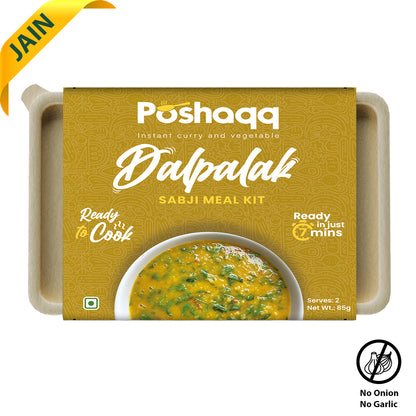 Poshaqq JAIN | Ready to Cook Dal Palak | Dal Palak Meal Kit | Ready in 7 mins | No Preservatives | Sabji Mealkit | Perfect for Lunch, Dinner & Travel | 25 grams Palak and 60 grams Masala (Pack of 1) | After Cooking 300GMS | 2 servings