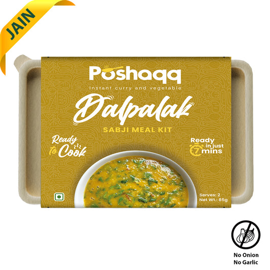 Poshaqq JAIN | Ready to Cook Dal Palak | Dal Palak Meal Kit | Ready in 7 mins | No Preservatives | Sabji Mealkit | Perfect for Lunch, Dinner & Travel | 25 grams Palak and 60 grams Masala (Pack of 1) | After Cooking 300GMS | 2 servings