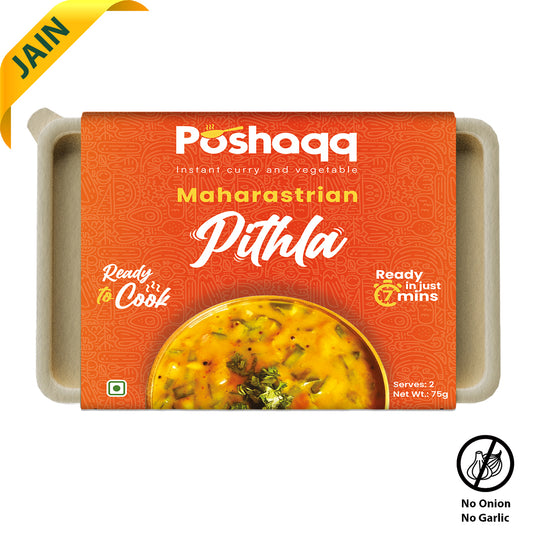 Poshaqq JAIN | Ready to Cook Traditional Maharashtrian Pithla | Made with Besan | Ready to eat pithla Mix | No Preservatives | Sabji Mealkit | Perfect for Lunch, Dinner & Travel | 2 servings,75 grams (Pack of 1)