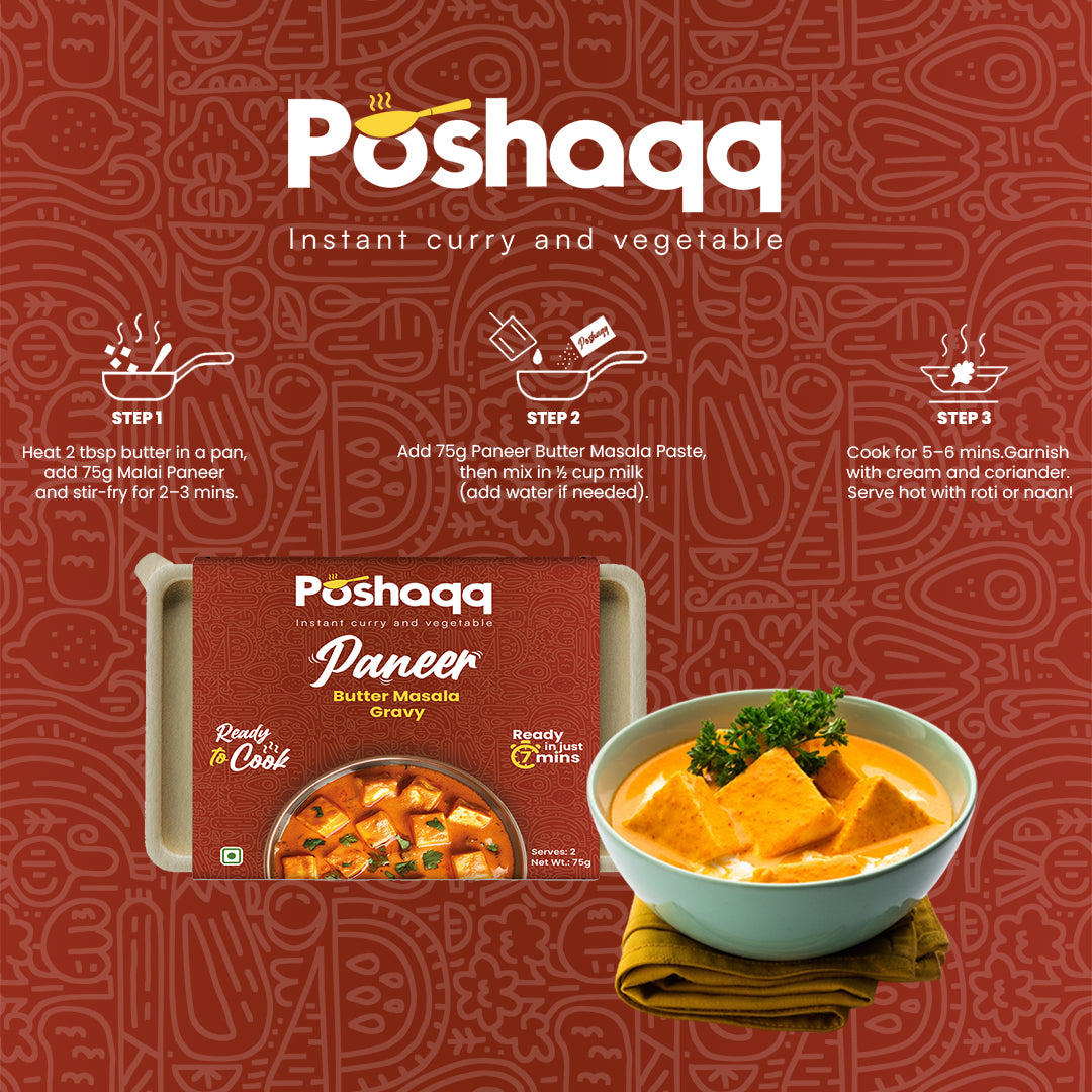 Poshaq instant curry and vegetable packaging with a bowl of curry and paneer.