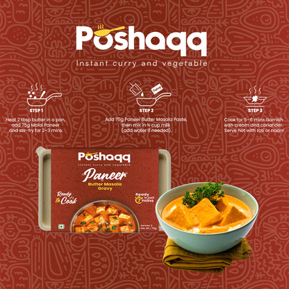 Poshaq instant curry and vegetable packaging with a bowl of curry and paneer.
