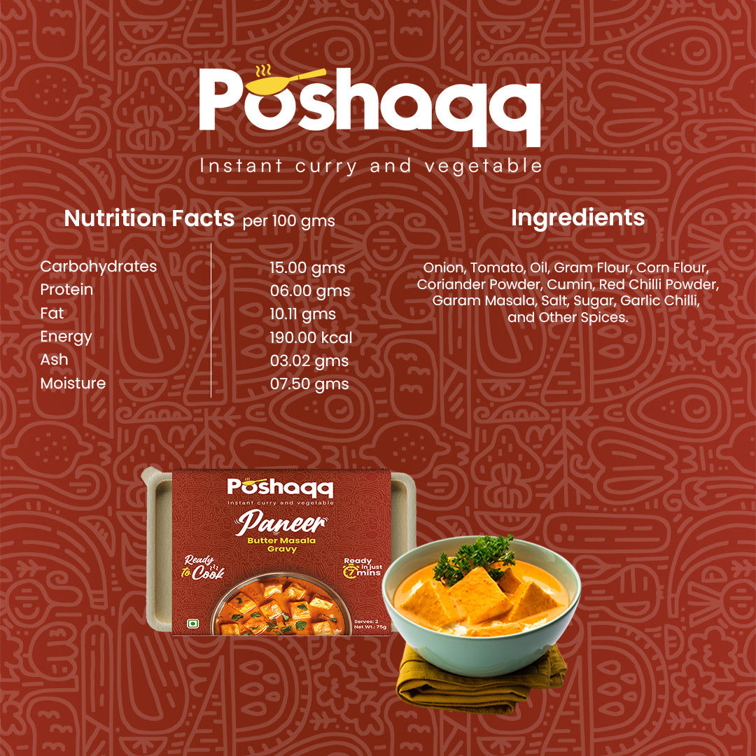 Poshaq instant curry and vegetable packaging with nutrition facts and ingredients on a patterned background.