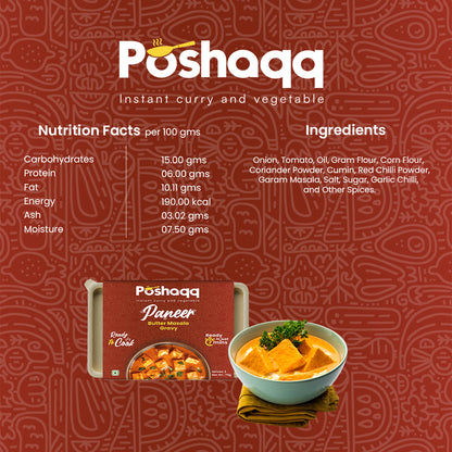 Poshaq instant curry and vegetable packaging with nutrition facts and ingredients on a patterned background.