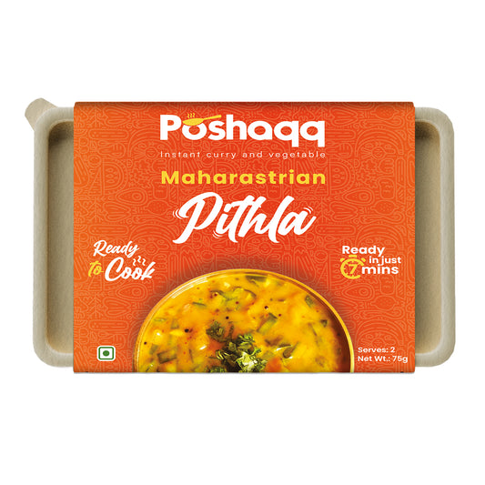 Poshaqq instant curry and vegetable Maharashtrian Pithla packaging on a white background